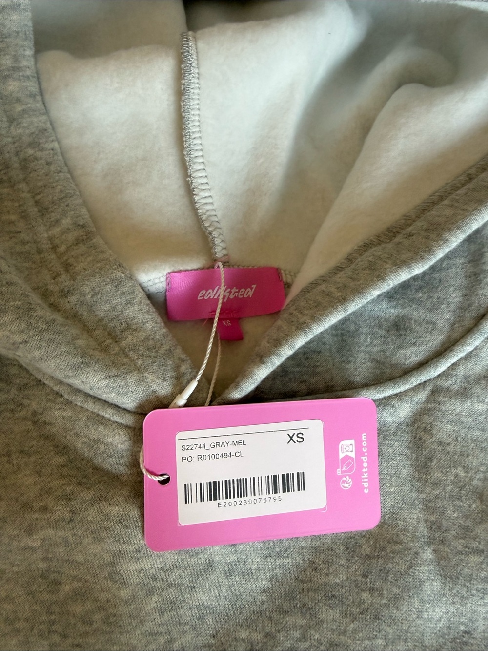 Edikted Grey Hoodie with Pink Plaid Logo Patch - Picture 4 of 4